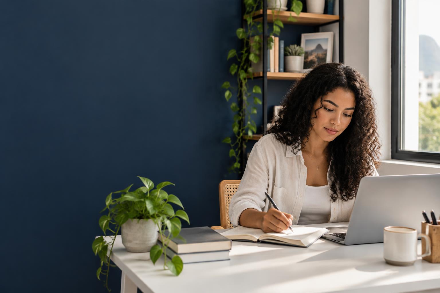Mulher estudando educação financeira em uma mesa com notebook e caderno